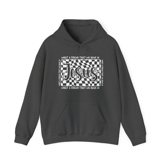 Dark charcoal What a Friend We Have in Jesus hoodie with a wavy checkerboard design and bold Jesus script, featuring a kangaroo pocket and matching drawstring.