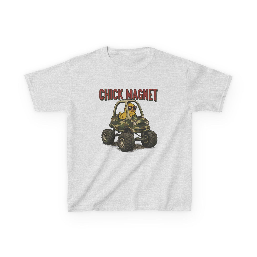 Chick Magnet Kids Tee: Light heather-grey T-shirt with CHICK MAGNET in red and a cartoon chick in heart-shaped sunglasses driving a camo monster truck.