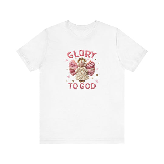 Glory to God Tee features an angel motif with GLORY TO GOD text, pink and gold festive accents; classic fit, soft cotton, unisex design.