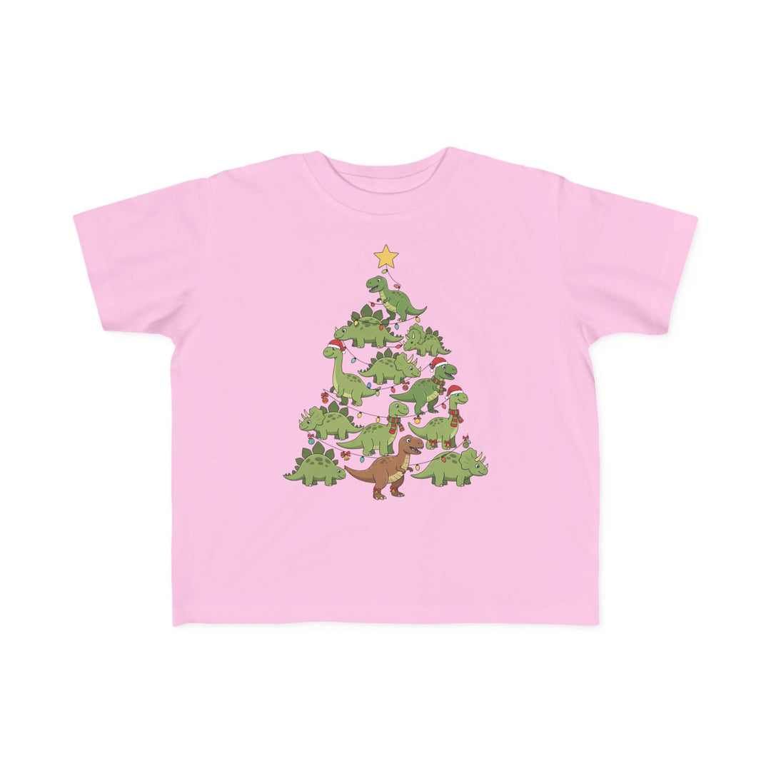 Dino Tree Toddler Tee with playful dinosaur Christmas tree design, featuring cartoon dinos adorned with lights and hats, on a soft, durable cotton fabric perfect for toddlers.