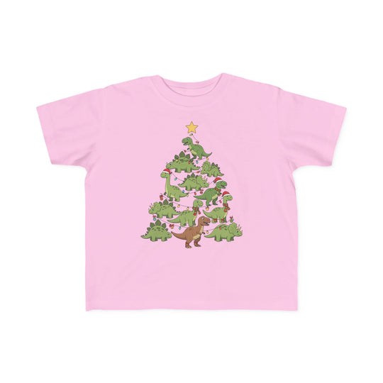 Dino Tree Toddler Tee with playful dinosaur Christmas tree design, featuring cartoon dinos adorned with lights and hats, on a soft, durable cotton fabric perfect for toddlers.