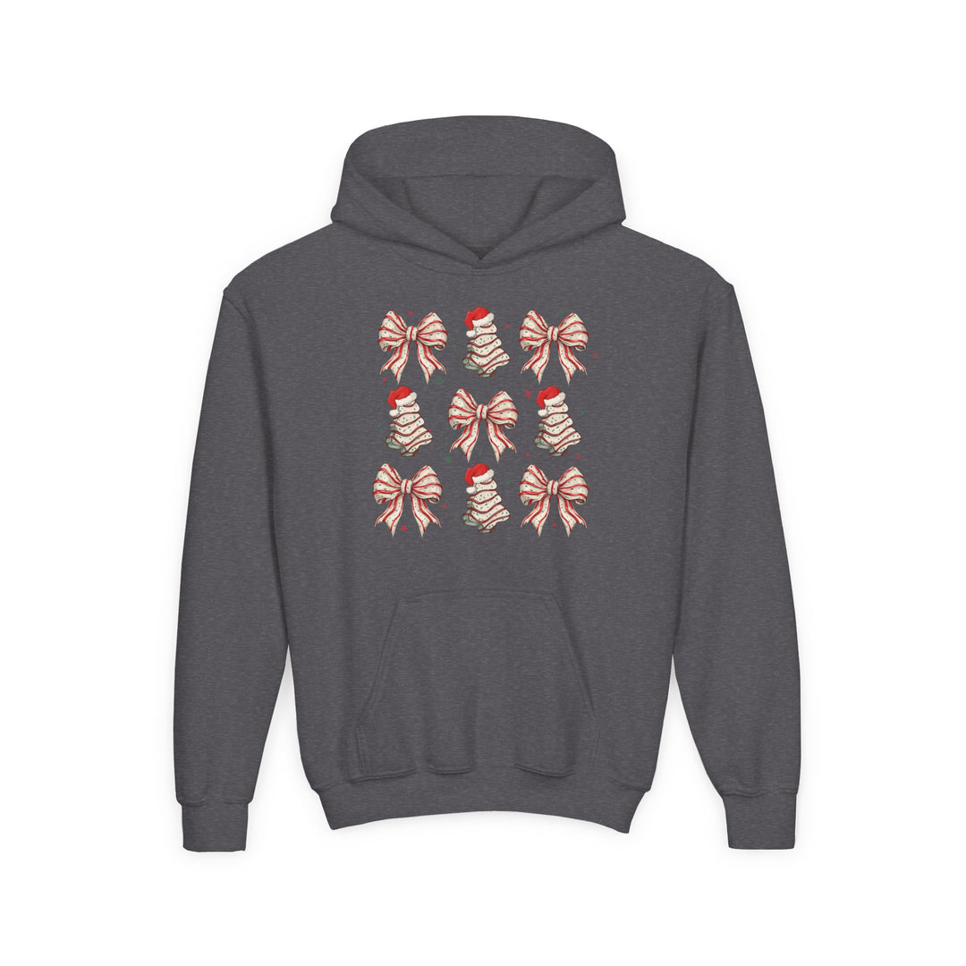 Cookies and Bows Youth Hoodie with a 3x3 grid of candy-cane bows and Santa-hat Christmas trees, featuring a kangaroo pocket and ultra-soft fleece fabric.