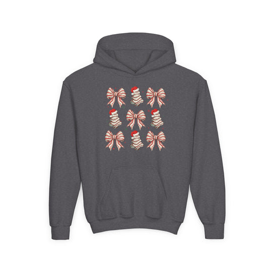 Cookies and Bows Youth Hoodie with a 3x3 grid of candy-cane bows and Santa-hat Christmas trees, featuring a kangaroo pocket and ultra-soft fleece fabric.