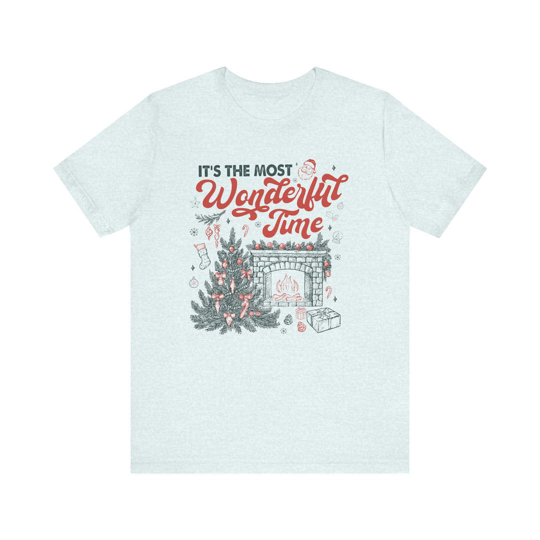 Most Wonderful Time of the Year Tee featuring a festive Christmas scene with a tree, fireplace, and gifts, crafted from soft cotton for comfort and durability.