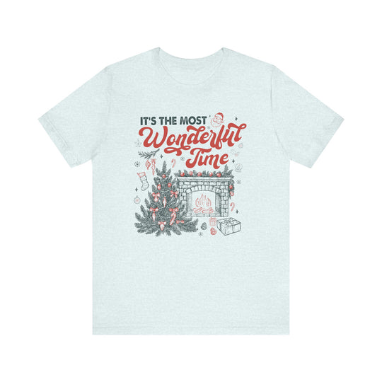 Most Wonderful Time of the Year Tee featuring a festive Christmas scene with a tree, fireplace, and gifts, crafted from soft cotton for comfort and durability.