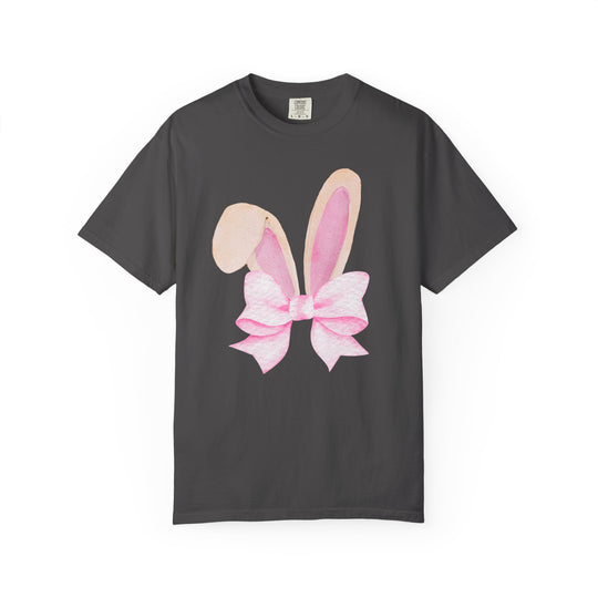 Bunny Bow Tree Tee: Charcoal-gray T-shirt with watercolor bunny ears and pink bow graphic, offering relaxed fit and luxurious comfort, ideal for unique graphic tee lovers.
