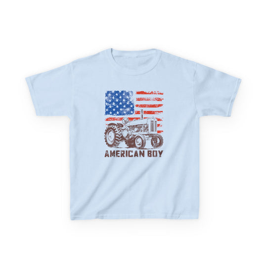 American Boy Kids Tee featuring a distressed American flag and vintage tractor graphic, perfect for everyday wear with durable, soft cotton fabric.
