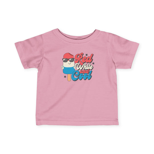 Infant fine jersey tee titled Red White and Cool Baby Tee, designed for comfort and durability, featuring side seams, ribbed knitting, and taped shoulders.
