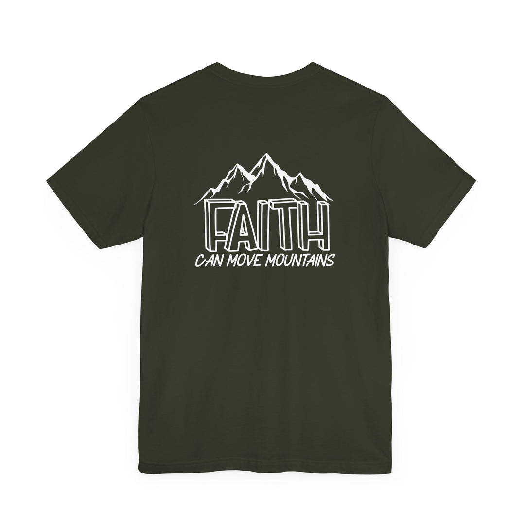 Unisex Faith Can Move Mountains Tee: A soft cotton jersey t-shirt with a back design featuring mountains and a quote. Classic fit with ribbed knit collar and tear-away label. Sizes XS to 3XL.