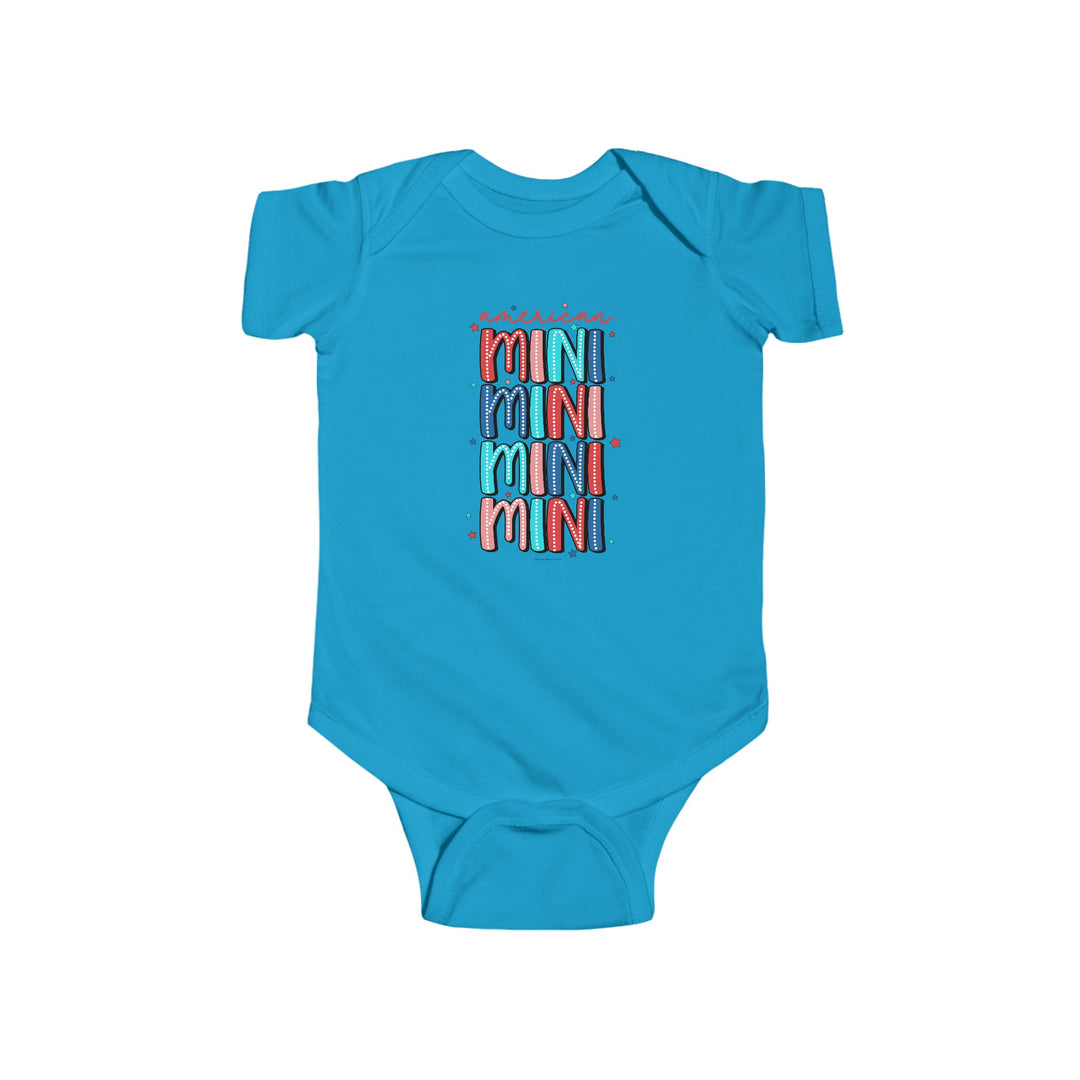 American Mini Onesie: A blue baby bodysuit with text, made of 100% cotton for durability and softness. Features ribbed knitting for durability and plastic snaps for easy changing access.