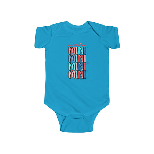 American Mini Onesie: A blue baby bodysuit with text, made of 100% cotton for durability and softness. Features ribbed knitting for durability and plastic snaps for easy changing access.