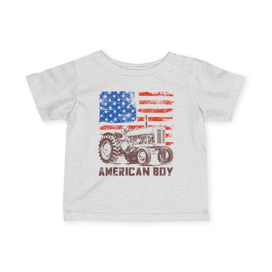 Heather-gray kids' T-shirt with a vintage tractor over an American flag graphic, AMERICAN BOY text; classic fit, durable, soft cotton blend.