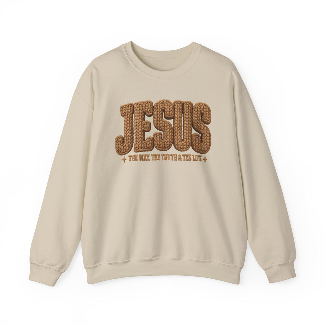 Jesus Crew sweatshirt with JESUS in a textured rope design and The Way, The Truth & The Life below, offering comfort with a ribbed knit collar.