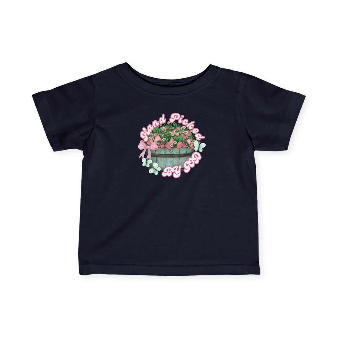 Hand Picked by GOD Baby Tee, a durable, soft infant jersey with ribbed knitting, side seams, and taped shoulders, providing comfort and a classic fit for toddlers.