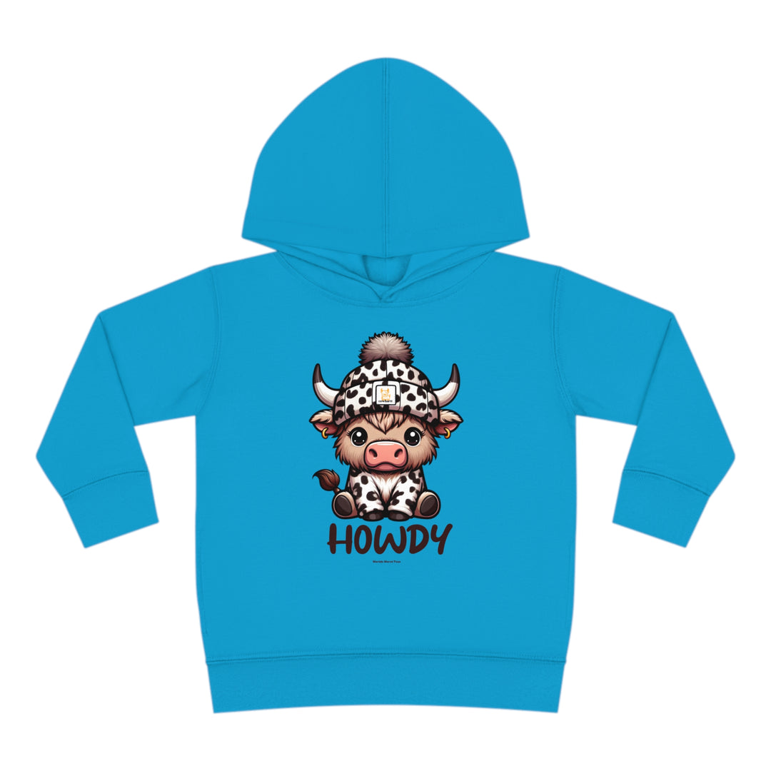 Toddler hoodie featuring a cartoon cow design, jersey-lined hood, and side seam pockets for lasting coziness. 60% cotton, 40% polyester blend. Designed for comfort and durability. Dimensions: 2T - 15.62L x 14.50W, 4T - 16.62L x 15.50W, 5-6T - 17.62L x 16.50W.