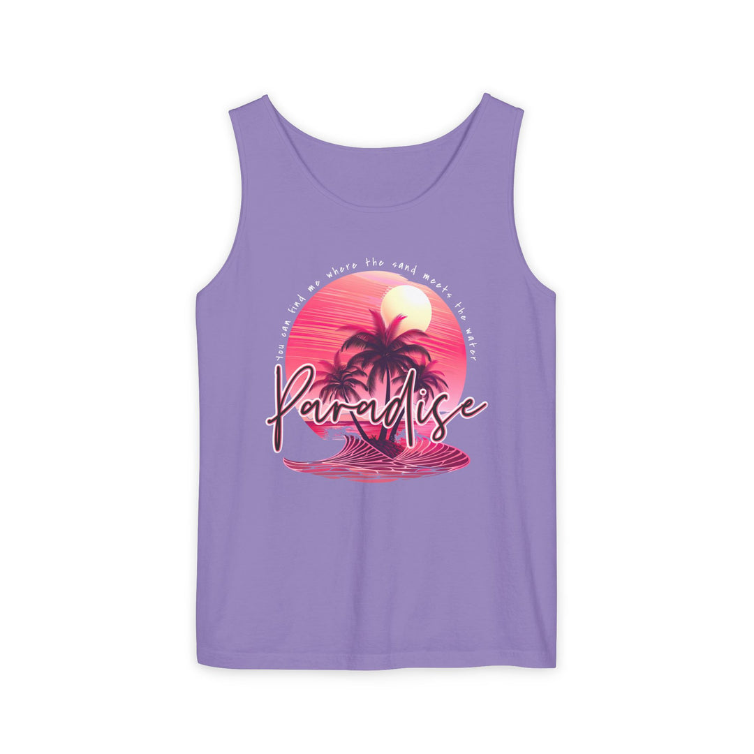 Paradise Tank Top, a unisex, relaxed-fit garment made from 100% ring-spun US cotton, showcasing ethical production and sustainable, vibrant colors.