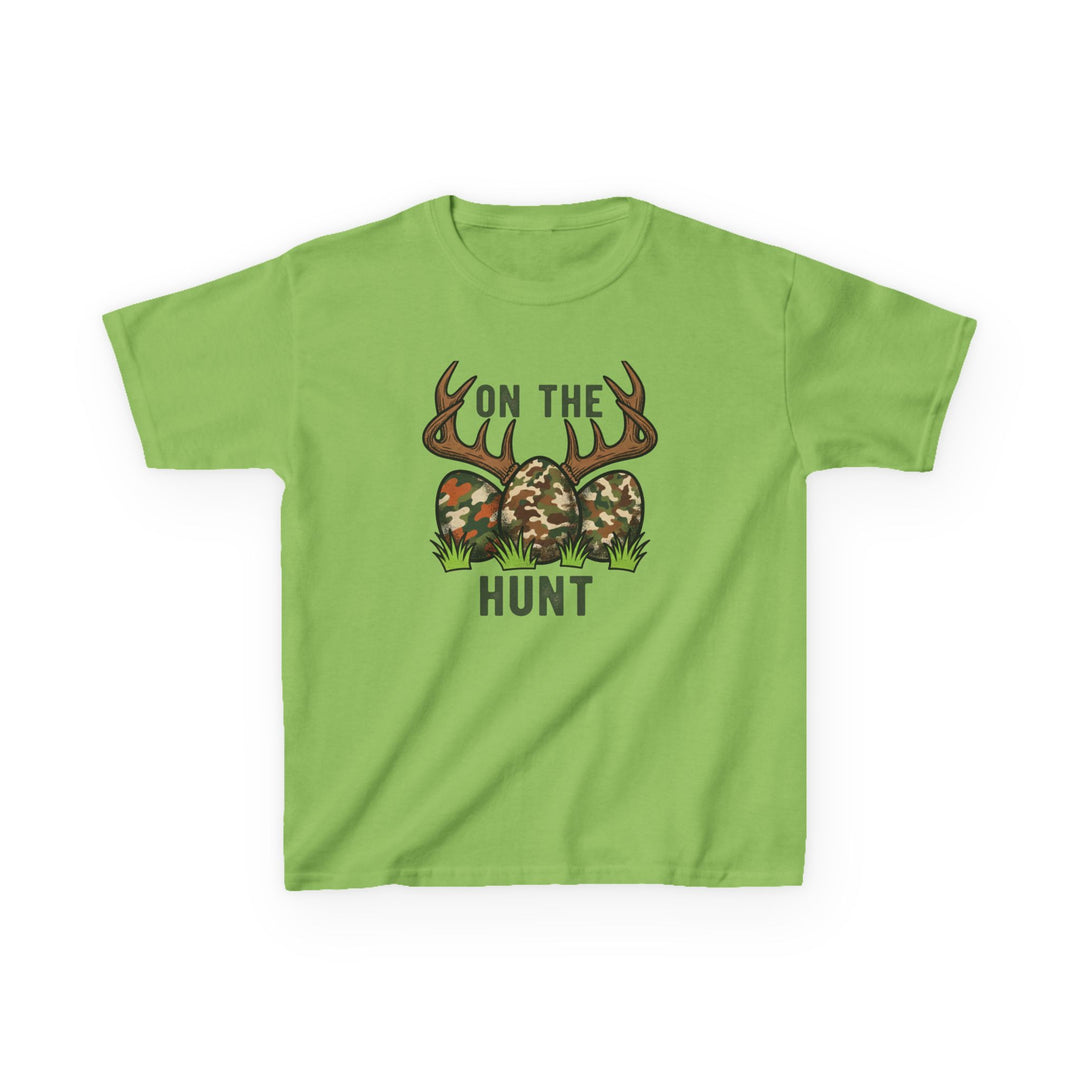 On the Hunt Kids Tee features camouflage eggs with antlers and ON THE HUNT text, ideal for everyday wear with durable cotton construction.