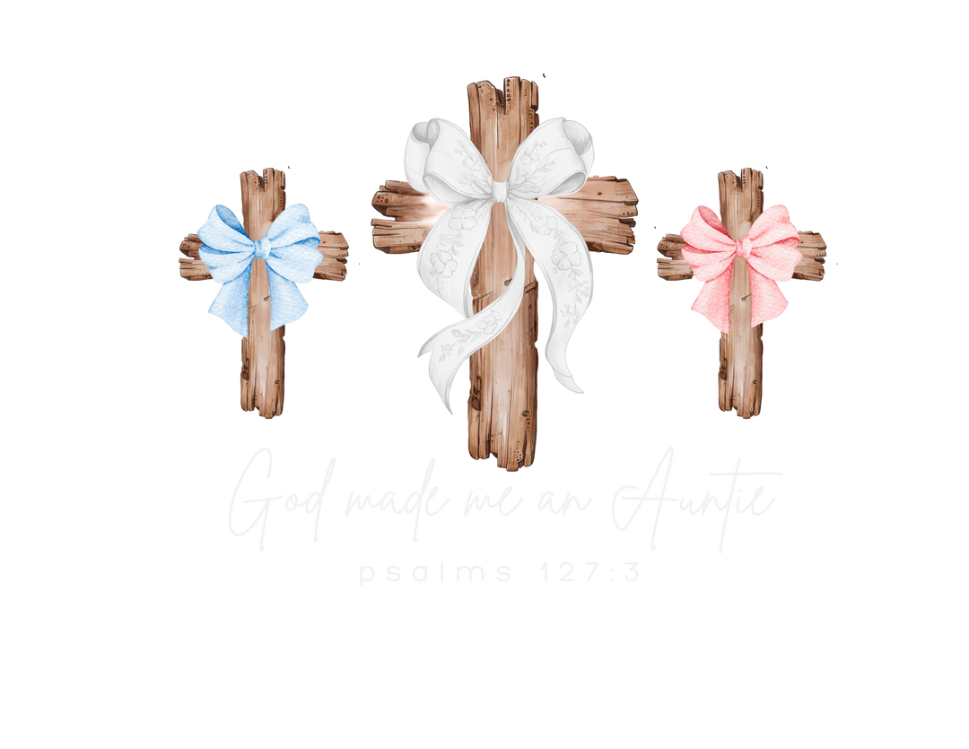 Graphic of three crosses with bows and text God made me an Auntie on a garment-dyed t-shirt from Faith Family Designs.