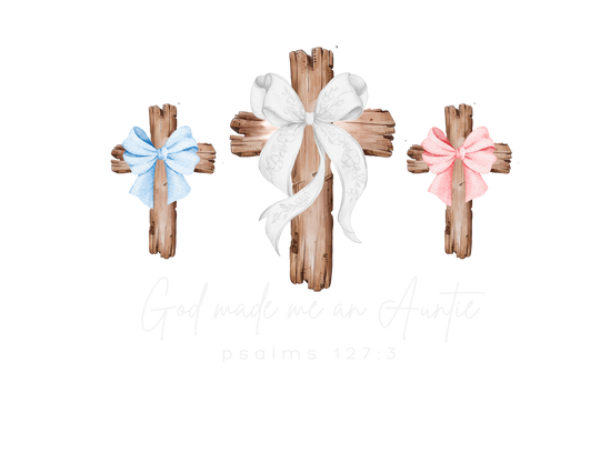 Graphic of three crosses with bows and text God made me an Auntie on a garment-dyed t-shirt from Faith Family Designs.
