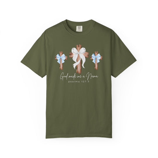 Olive-green tee with rustic wood crosses and God made me a Mama script, featuring a relaxed fit and durable Comfort Colors craftsmanship.