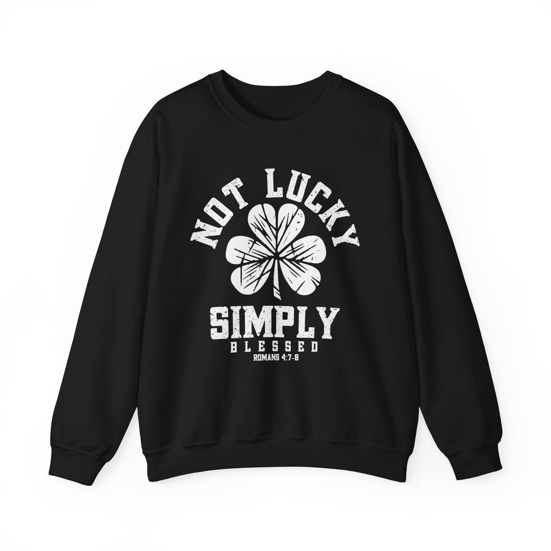 Not Lucky Crew: Black sweatshirt featuring a prominent white four-leaf clover design, offering comfort with a polyester-cotton blend and ribbed knit collar.