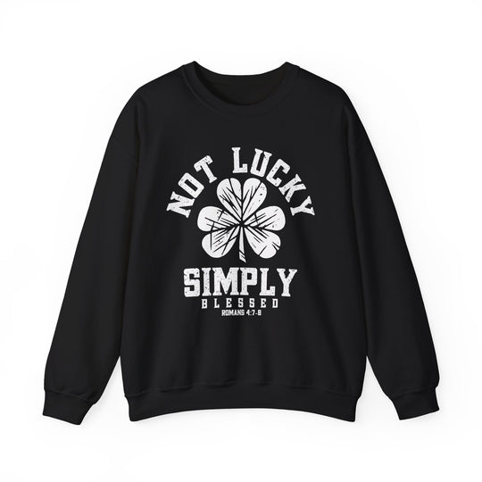 Not Lucky Crew: Black sweatshirt featuring a prominent white four-leaf clover design, offering comfort with a polyester-cotton blend and ribbed knit collar.