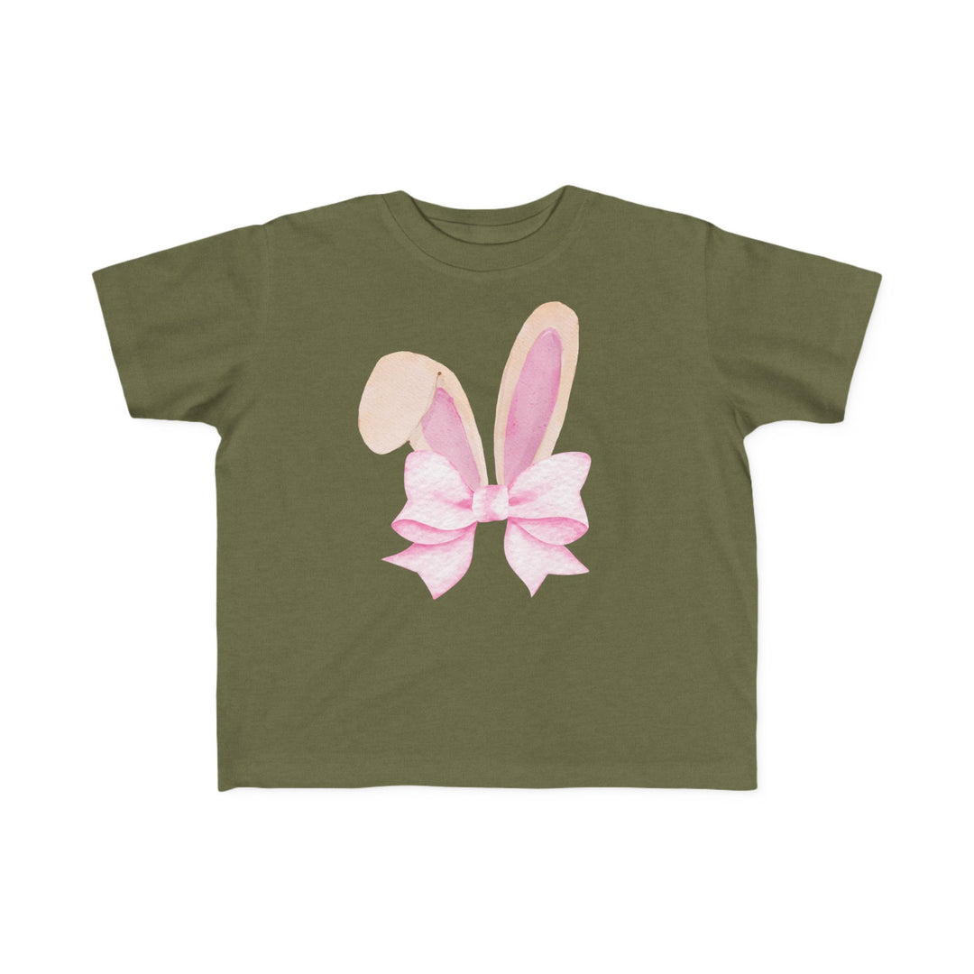 Bunny Bow Toddler Tee featuring watercolor rabbit ears with a pink bow, ideal for sensitive skin. Classic fit and perfect for toddlers' first adventures.