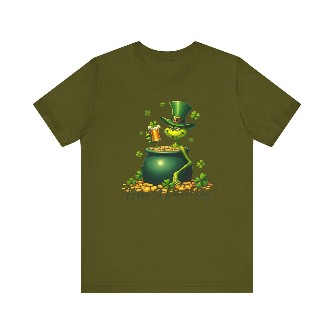 Grinchy St Patrick's Tee featuring a leprechaun, pot of gold, and clover design on a classic unisex jersey t-shirt, perfect for festive and humorous occasions.