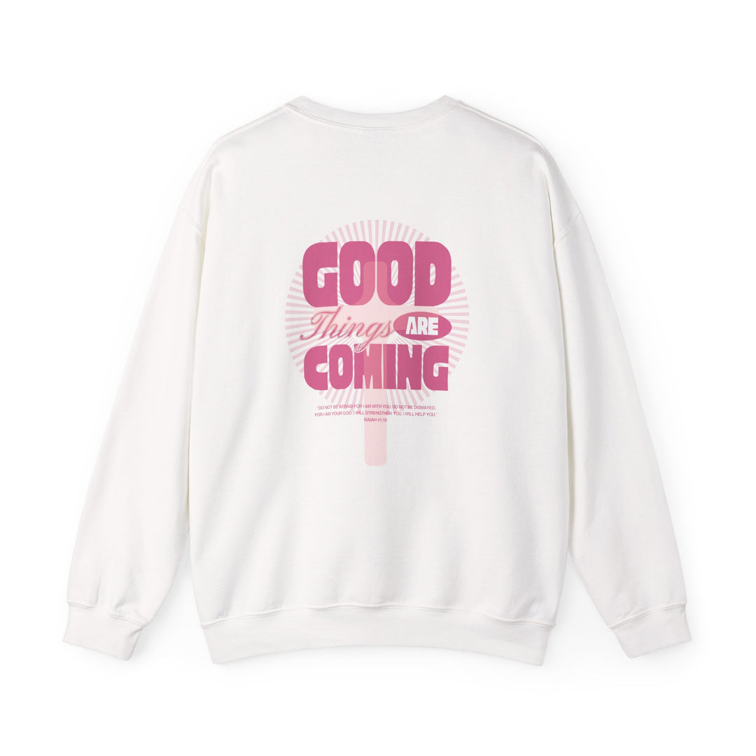 Good Things are Coming Crew; unisex, medium-heavy fabric sweatshirt with ribbed crew neckline and durable double-needle stitching, ideal for colder months and customization.
