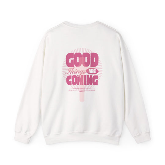 Good Things are Coming Crew; unisex, medium-heavy fabric sweatshirt with ribbed crew neckline and durable double-needle stitching, ideal for colder months and customization.