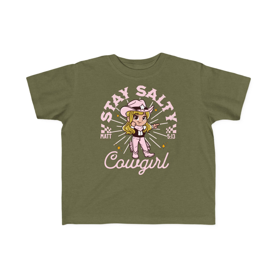 Salty Cowgirl Tee featuring a cartoon girl in a cowboy hat, perfect for toddlers with soft cotton and durable print. Classic fit, true to size.