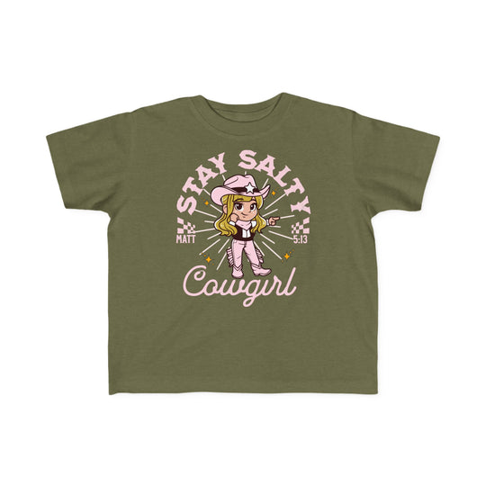 Salty Cowgirl Tee featuring a cartoon girl in a cowboy hat, perfect for toddlers with soft cotton and durable print. Classic fit, true to size.
