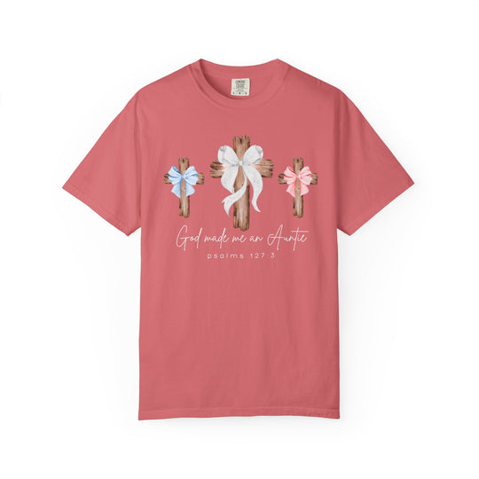 Coral God Made Me an Auntie T-shirt featuring three wooden crosses with bows and script-style text, made from soft, durable, ring-spun cotton.