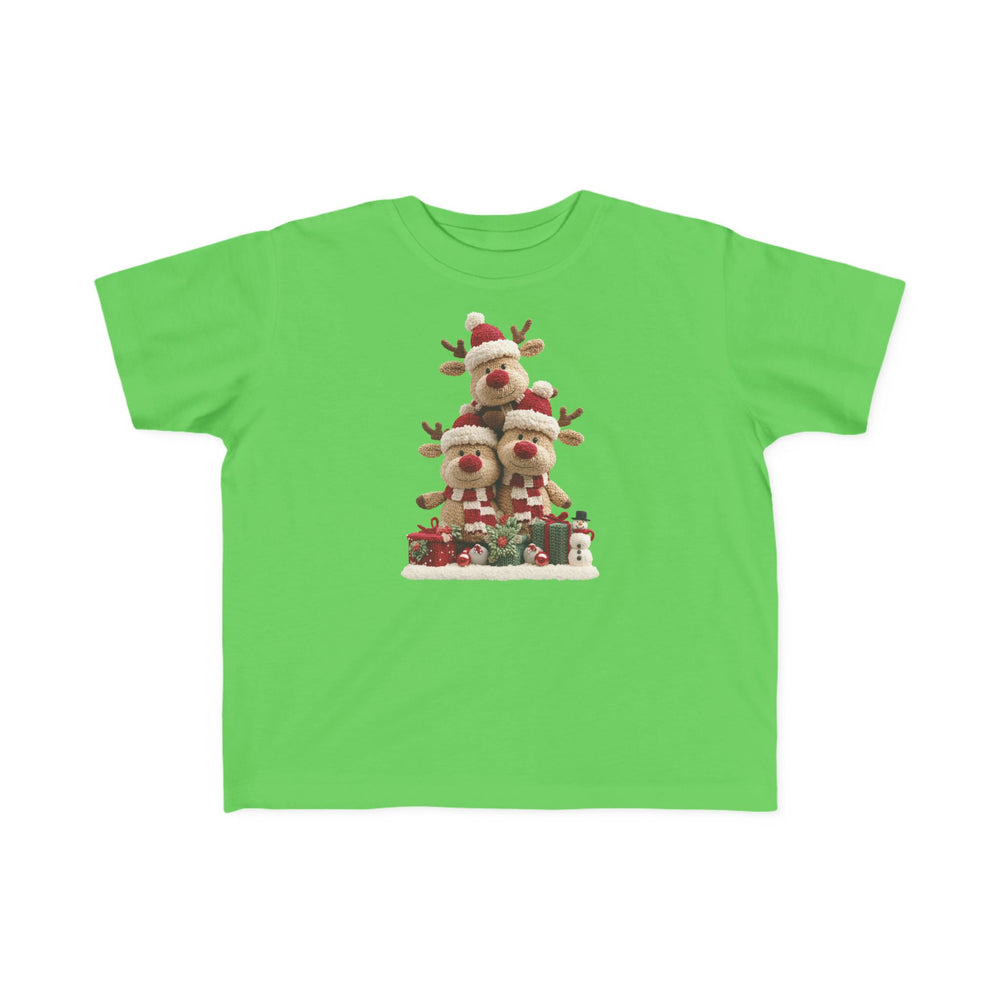 Reindeer Tree Toddler Tee: Bright green tee with plush-style reindeer pyramid, Santa hats, gifts, and snowman. Soft cotton, perfect for toddlers.