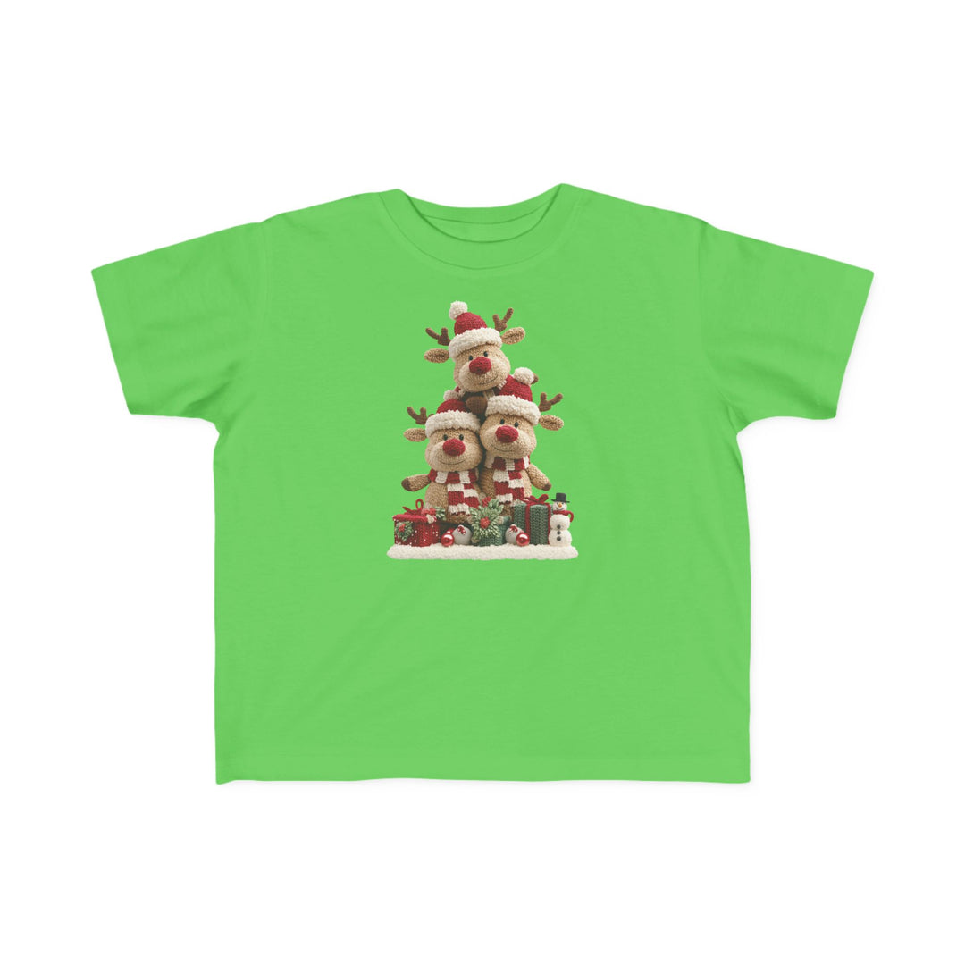 Reindeer Tree Toddler Tee: Bright green tee with plush-style reindeer pyramid, Santa hats, gifts, and snowman. Soft cotton, perfect for toddlers.