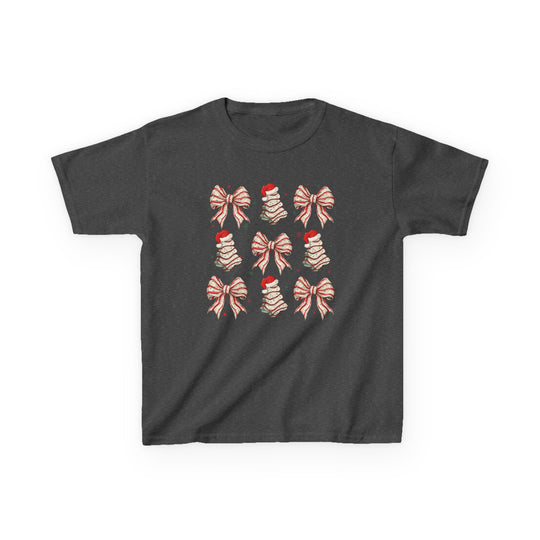 Cookies and Bows Kids Tee: Dark-gray T-shirt featuring a festive 3×3 grid of candy-cane bows and Santa-topped Christmas trees, perfect for everyday wear.