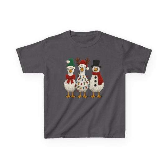 Christmas Geese Kids Tee featuring three festive geese as Santa, reindeer, and snowman on a dark-gray, short-sleeve T-shirt. Perfect for everyday wear.