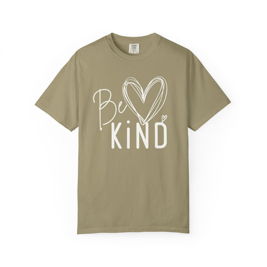 Unisex olive-green Be Kind T-shirt with heart accents, featuring a relaxed fit and screen-printed slogan in mixed typography.