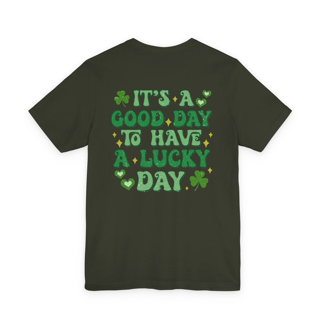 Back of Good Day Lucky Day Tee with vintage-style slogan, clovers, and sparkle accents, showcasing a unisex fit from Faith Family Designs.