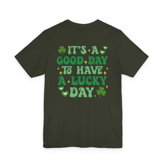 Back of Good Day Lucky Day Tee with vintage-style slogan, clovers, and sparkle accents, showcasing a unisex fit from Faith Family Designs.