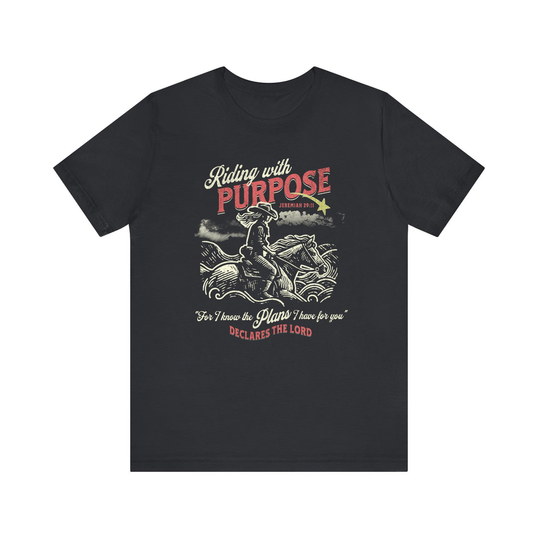 Riding for a Purpose Tee: Black t-shirt featuring a graphic of a man on a motorcycle, made from soft cotton for comfort and durability.
