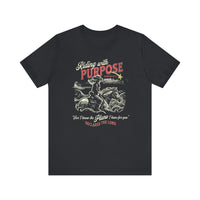 Riding for a Purpose Tee: Black t-shirt featuring a graphic of a man on a motorcycle, made from soft cotton for comfort and durability.