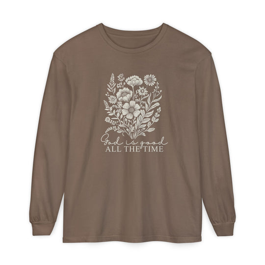 GOD is Good All the Time Long Sleeve Tee featuring a hand-drawn wildflower bouquet and inspirational text on soft, 100% ring-spun cotton for a relaxed fit.