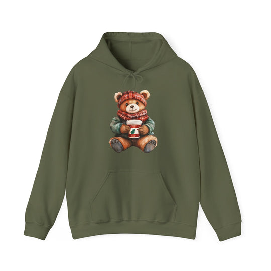 Old Money Bear Hoodie featuring a winter-dressed teddy bear holding a holiday cup, set on an olive-green pullover with a drawstring hood and kangaroo pocket.