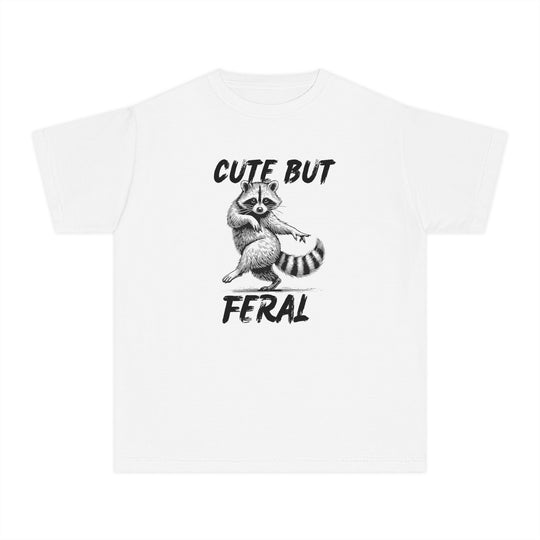 Cute but Feral Kids Tee featuring a playful raccoon illustration with CUTE BUT above and FERAL below in hand-lettered style, perfect for active kids.