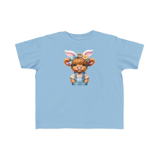 Easter Cow Toddler Tee: Blue shirt with cartoon cow in bunny ears. Soft, durable fabric for sensitive skin, perfect for first adventures. 100% combed ringspun cotton, tear-away label, true to size.
