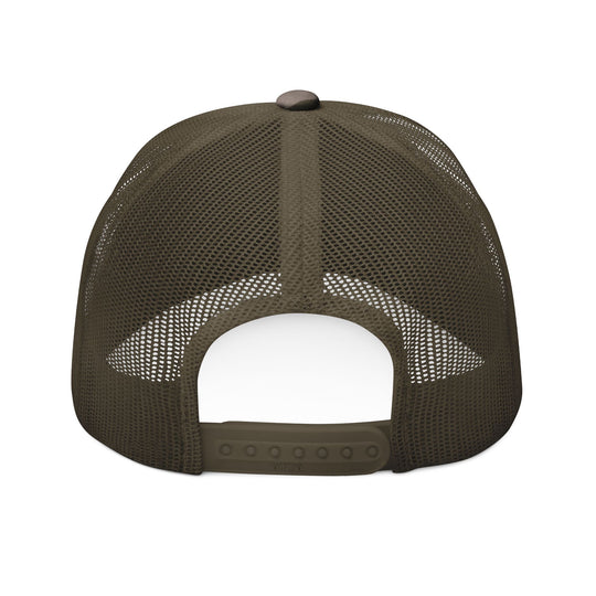 Olive-green Growing a Human Trucker Hat with mesh back, adjustable snap closure, and visible stitching; combines style and comfort for nature enthusiasts.
