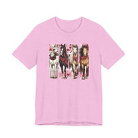 Light pink Horse Valentine Tee with four horses in heart-patterned red bandanas, surrounded by pink and red hearts, offering a sweet, Valentine’s-inspired design.
