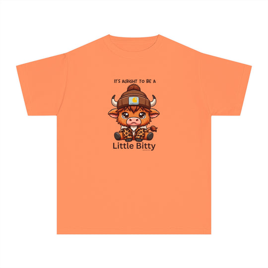 Little Bitty Kids Tee: A playful t-shirt featuring a cartoon cow design, perfect for active kids. Made of soft combed cotton for comfort and agility. Classic fit for all-day wear.