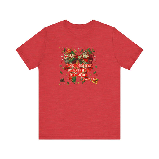 Red short-sleeve Gift from Above Tee featuring a festive Christmas bow design with a Bible verse, crafted from soft cotton for a classic fit.